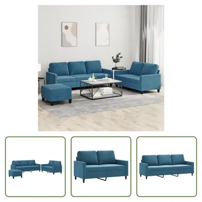 Produktbild von The Living Store 3-tlg. Sofagarnitur mit Kissen Blau Samt