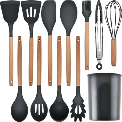 Produktbild von OKWISH Küchenhelfer Set Silikon - 12 Stück Küchenutensilien Set aus Silikon und Holzgriffen, Hitzebeständig, Antihaft und Leicht zu Reinigen, Kochutensilien Set auf Alle Töpfe & Pfannen (Khaki)