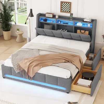 A modern upholstered bed frame with integrated storage and LED lighting, shown in a bedroom setting.