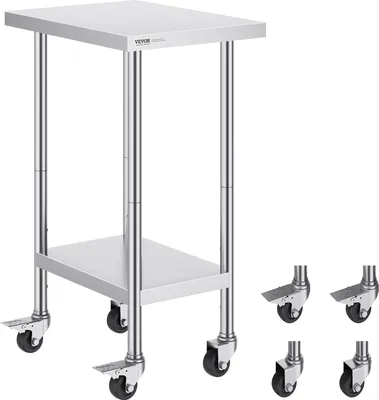 Zdjęcie produktu dla Stół roboczy ze stali nierdzewnej VEVOR, stół przygotowawczy 610 x 457 x 954,6 mm, nośność 290 kg, z 4 kółkami, 3 regulowane poziomy wysokości, stół roboczy do przygotowywania żywności dla restauracji komercyjnych
