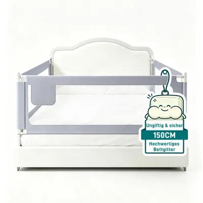 Produktbild von ROSEJANE Bettgitter Kinder 150 cm, höhenverstellbarer Rausfallschutz für Kinder, vertikal klappbar, Bettgitter mit atmungsaktivem Netz, Y-Gurt zur Befestigung, Grau