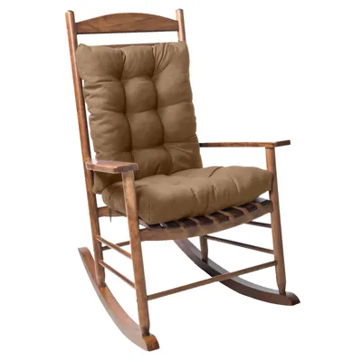 A brown cushioned rocking chair on a white background.