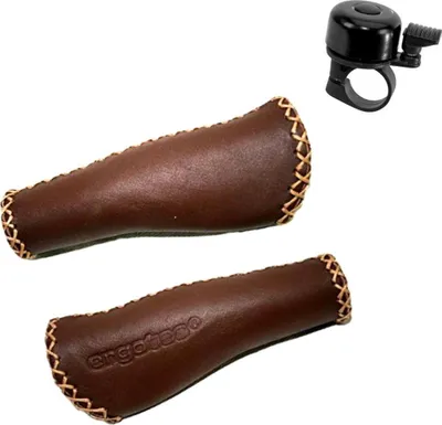 Produktbild von ergotec Humpert Ledergriffe LL 135/135 Fahrradgriffe ALS-09 in Braun inkl. Fahrradklingel