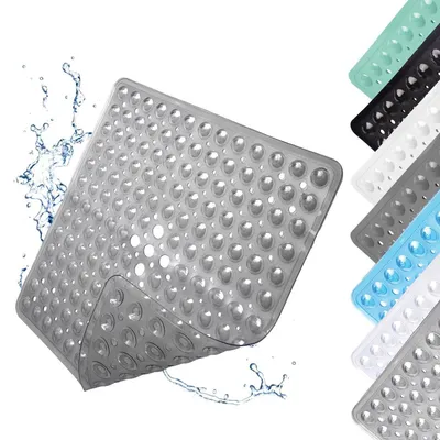 Image de Tapis de douche antidérapant, carré, avec ventouses, transparent, gris, 53x53 cm