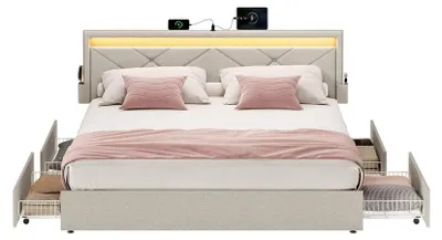 Immagine prodotto di Struttura letto in metallo con illuminazione a LED, cassetti e testiera | Colore: beige cappuccino | Dimensioni: 169x210,2x88,2/94,7 cm