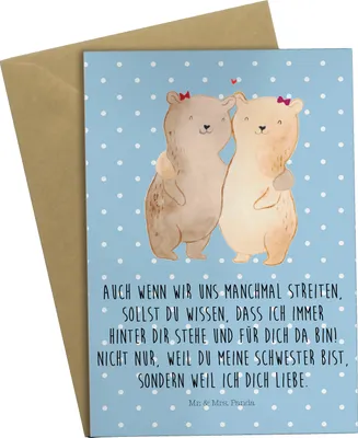 Produktbild von Mr. & Mrs. Panda Grußkarte Bären Schwestern - Blau Pastell - Geschenk, Zwillinge, Schwester, Beileidskarte, Muttertag, Sis, dankeskarten, weihnachtskarten, Schwesterherz