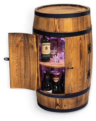 Produktbild von Creative Cooper  Fassbar Stehtisch mit Tür und LED RGB - Alkoholschrank Flaschenregal Holz - Holzfass - Fassmöbel - Wineregal - Whiskybar- Weinfass mit Tür - 80 cm (Sonnenverbranntes eiche)