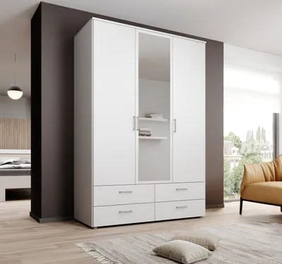 Produktbild von Kleiderschrank "Spazio" in Weiß mit 4 Schubladen und 3 Türen. Abmessungen (BxHxT) 137,8x198,6x48 cm