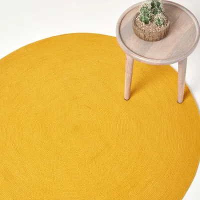 Obrázek produktu pro HOMESCAPES Ručně tkaný pletený koberec v hořčicově žluté barvě, kulatý 120 cm