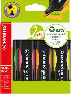 Immagine prodotto di Evidenziatore ecologico - STABILO GREEN BOSS - confezione da 4 - verde, rosa, arancione, giallo