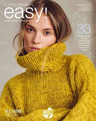 A woman wearing a yellow turtleneck sweater, likely a product from Lana Grossa.