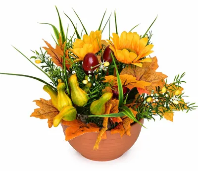 Productafbeelding van Herfstschotel met zonnebloemen en decoratieve pompoenen, diameter 26/22 cm