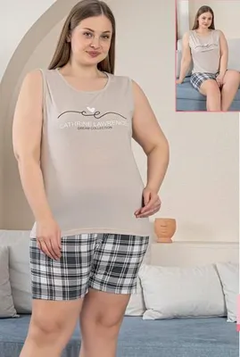 Immagine prodotto di Pigiama da donna taglie forti, modello shorty, marrone chiaro, 3XL, corto, in cotone, 2 pezzi, L-41