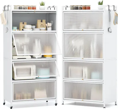 Two white kitchen cabinets side-by-side, one with doors open, displaying kitchen items.