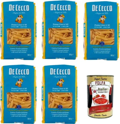 Produktbild von De Cecco Penne lisce N°40, 100% Italienisch Pasta Nudeln 5x 500g + Italian Gourmet Polpa 400g