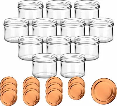 Immagine prodotto di set di 12 barattoli da conserva 230 ml rotondi con coperchio a vite color bronzo - barattoli da conserva con tappo a vite TO82 - barattolo per marmellata, barattolo con tappo a vite