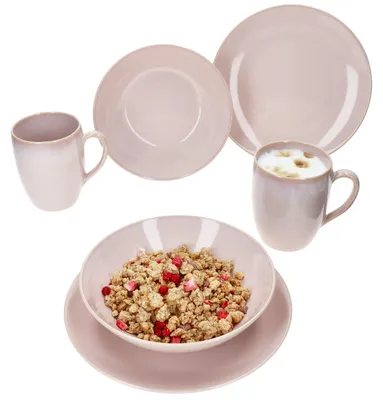 Produktbild von Ossia 6tlg Tearose rosa Frühstücksset Steingut Teller Kaffee-Becher Müsli-Schale