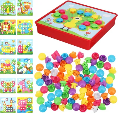 Produktbild von Mosaik Steckspiel ab 3 Jahre Bunte Zuordnungsspiel Steckspiel Kinder für 2,3,4 Jahre Pädagogische mit 12 Bunten Steckplätte und 46 Steckperlen