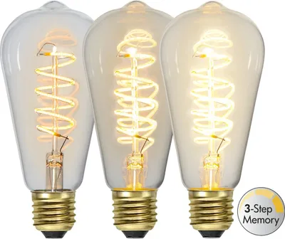 Three decorative LED light bulbs with spiral filaments are displayed side-by-side against a white background.