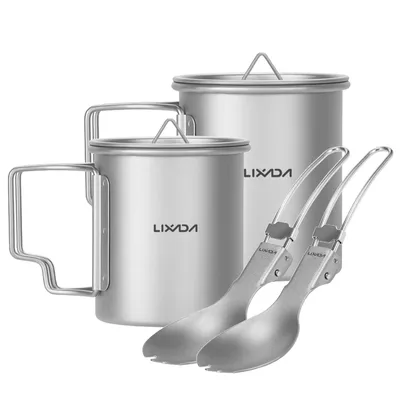 Obrázek produktu pro lixada outdoorový titanový hrnek, kempingový šálek, hrnek na kávu, skládací hrnek (300 ml s víčkem + 200 ml s víčkem + 2 vidličky)