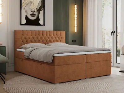 Produktbild von Boxspringbett 160x200 mit Matratze und Topper, Boxspringbett 160x200 mit Bettkasten und Kopfteil - PERA - 160x200 - Orange - Struktur - H4