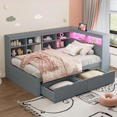 Produktbild von Merax Tagesbett Schlafsofa 90x200cm mit LED-Licht, Holzbett mit Schubladen und Regalfächern, Massivholzsofa mit Stauraum, USB-Steckdose, Grau