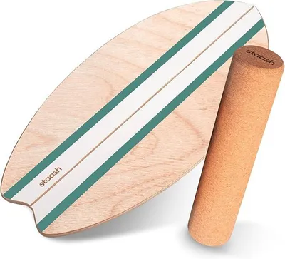 Imagen del producto de Tabla de equilibrio de madera – Entrenador profesional para el equilibrio, incluye alfombrilla protectora, rodillo, semiesfera y pelota de corcho + curso en video – Surf en interiores y entrenamiento de estabilidad