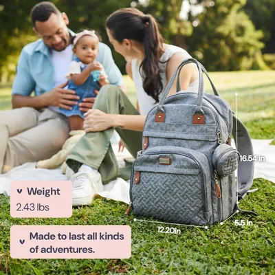 Produktbild von BabbleRoo Wickeltasche Rucksack – Große Kapazität, 17 Taschen, Wasserdicht – mit Wickelauflage, abnehmbarem Schnullerhalter, Kinderwagengurten – Reiserucksack für Mama & Papa Grau