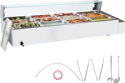 Obrázek produktu pro Komerční ohřívač potravin VEVOR s 12 x 5 qt nádobami, elektrický parní stůl se skleněným krytem, pracovní deska z nerezové oceli 1700 W, bufetová varná konvice, regulace teploty 30-85 °C