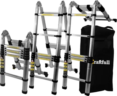 A set of aluminum telescopic ladders and a black carrying bag are displayed against a white background.