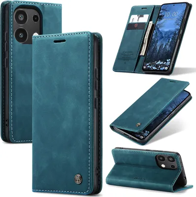 A collage of images showing a blue flip-style phone case for a Redmi Note 13 4G.