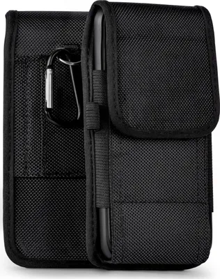 A black phone pouch with a carabiner clip is shown against a white background.