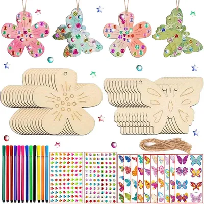 Productafbeelding van Knutselset voor kinderen: vlinders en bloemen, 254 onderdelen, met hout, stiften en accessoires, geschikt voor kinderen van 4-12 jaar
