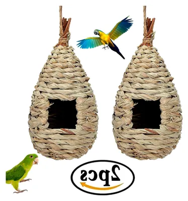 Produktbild von Vogelnest aus Gras, 2 Stück, handgewebte Vogelhäuser zum Aufhängen für Wellensittiche, Meisen, Kanarienvögel, Amseln, Kolibris, Rotkehlchen (Farbe der Stämme, A)