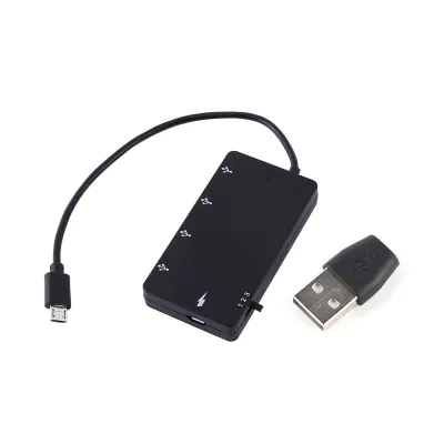A black USB hub and a USB connector are placed on a white background.