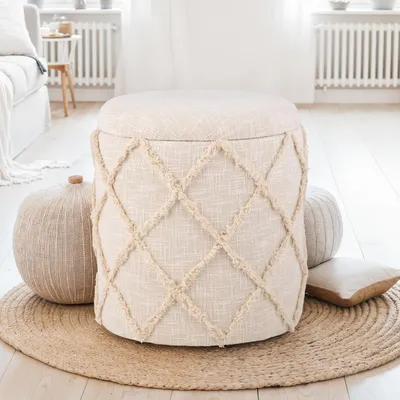 Image de WOHNLING Pouf avec espace de rangement rond 40x40x45 cm Pouf rembourré Crème Coton Boho Pouf avec couvercle amovible & compartiment de rangement Tissu Pouf déco