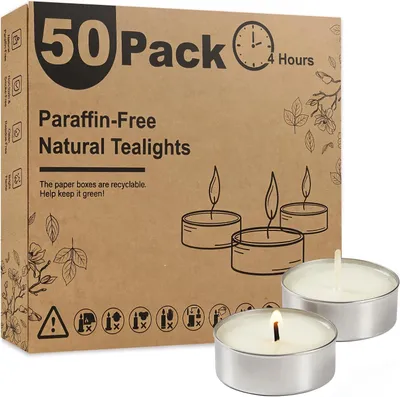 Immagine prodotto di Candele votive bianche, confezione da 50 pezzi, con una durata di 4 ore, senza paraffina, senza fumo, mini candele votive ideali per matrimoni, centrotavola