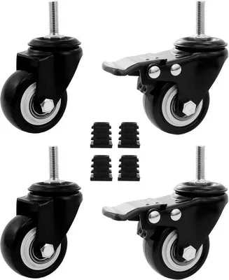 Immagine prodotto di 4 ruote da trasporto da 50 mm, ruote con fissaggio a vite M8 x 25 mm, ruote silenziose con cuscinetti a sfere e funzione di frenata fino a 70 kg (per ruota), ruotabili a 360 gradi, per carrelli e mobili, con 4 piastre filettate