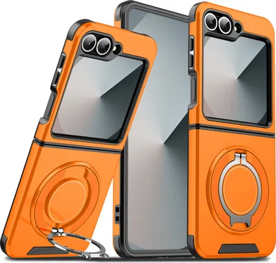 Obrázek produktu pro Dvouvrstvé pouzdro pro Samsung Galaxy Z Flip6 / Z Flip7 FE, s posuvným krytem fotoaparátu a magnetickým kroužkovým stojánkem Pomerančový