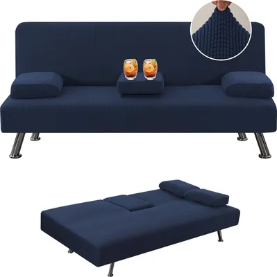 Produktbild von 4-teiliger Stretch-Sofabezug Sofa Bett Schonbezug Möbelschutz mit abnehmbaren Armlehnen und Getränkehalter Bezüge,Dunkelblau