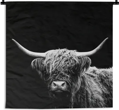 Produktbild von MuchoWow® Wandteppich Wandbehang Schottischer Highlander - Kuh - Schwarz - Weiß - Tiere 60x60 cm Tapisserie Dekoration Wandtuch - Dekorationen - Wand Decke