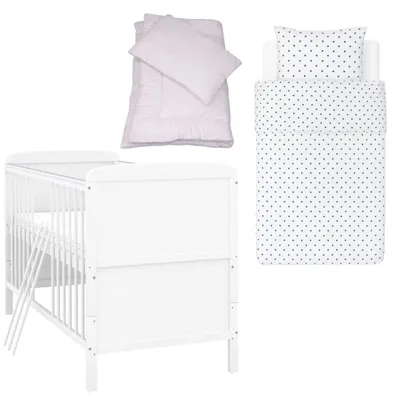 Produktbild von Baby-Delux Babybett Kinderbett Natalie Umbaubar 140x70 Weiß Bettset 4-Tlg Komplett Sterne Blau
