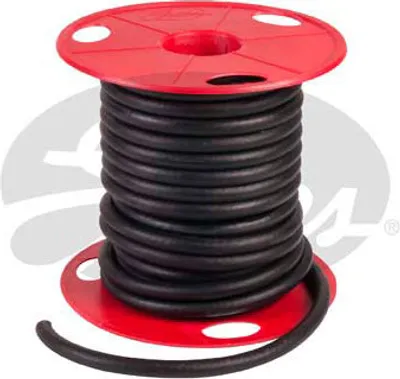 A spool of black hose on a red reel.