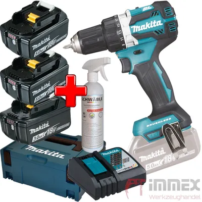 Produktbild von Makita DDF484JX1 Profi-Akku-Bohrmaschine, 5 Ah Akkukapazität, 18 V Akkuspannung, variable Geschwindigkeit, inklusive 3 Lithium-Ionen-Akkus und Ladegerät