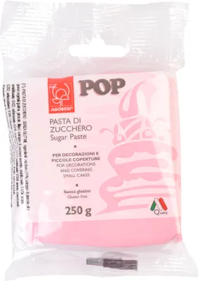 A package of pink sugar paste for cake decorations.