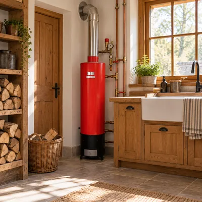 Productafbeelding van Huiselijke warmwateroplossing: 80 liter drukgevoede vastebrandstofketel met veiligheidsventiel – Rood, houtgestookte boiler voor warm water, zonder doucheaansluiting, geschikt voor
