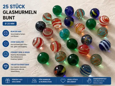 Produktbild von 25 Stück große Glasmurmeln Ø 25 mm – Bunter Murmel Mix aus Glas – handgefertigte Glaskugeln zum Spielen, Sammeln & Dekorieren, KI-generiertes Bild