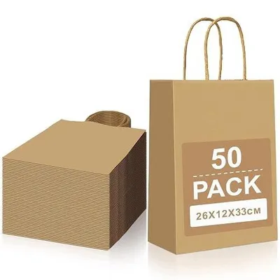 Zdjęcie produktu dla Torebki papierowe brązowe kraft z uchwytem na prezenty 50 szt 26X33CM