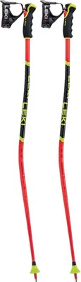 A pair of red and black ski poles with yellow accents, presented against a white background.