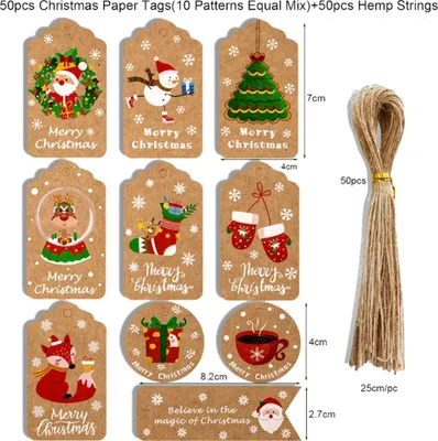 Image de 50pcs No?l Etiquettes en papier kraft Bricolage Merci Multi -Style -Handwerk Hanging -Tag avec des ?tiquettes en corde Emballage cadeau Magasins